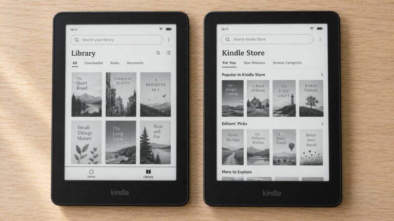 Two Kindle Paperwhite (2024, 12th Generation) e-readers showing illustrative Library and Kindle Store screens side by side