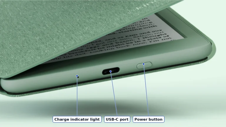 Bottom edge of a Matcha Kindle 2024 with labels for the charge indicator light, USB-C port and power button