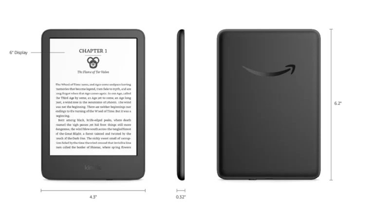Black Kindle 2024 front, side profile and back with Amazon dimension labels of 6-inch display, 4.3 inches wide, 0.32 inches thick and 6.2 inches tall
