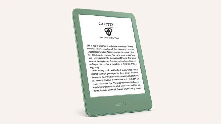 Matcha green Amazon Kindle 2024 at an angle showing the first page of a chapter