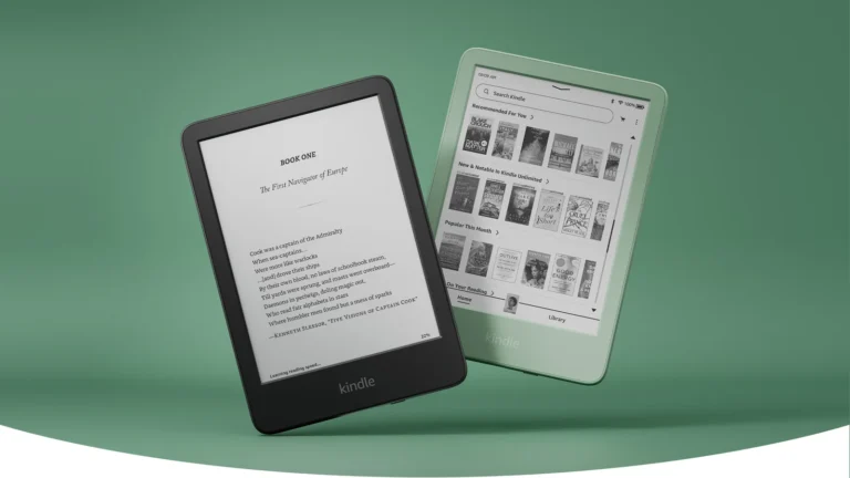 Black Kindle 2024 showing a book page beside a Matcha Kindle 2024 showing the Kindle home screen with store recommendations