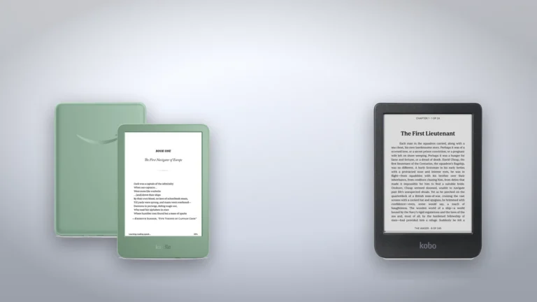 Matcha Amazon Kindle 2024 front and back shown beside a black Kobo Clara BW e-reader, not to scale