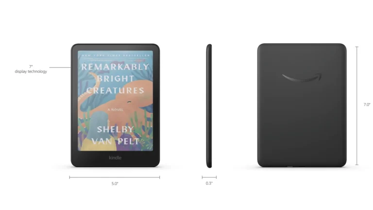 Amazon's dimension diagram of the Kindle Colorsoft: front view marked 5.0 inches wide with a 7-inch display, side profile marked 0.3 inches, and rear view marked 7.0 inches tall