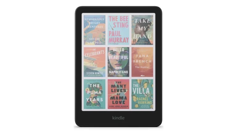 Kindle Colorsoft front view with the library showing nine colour book covers in a three by three grid