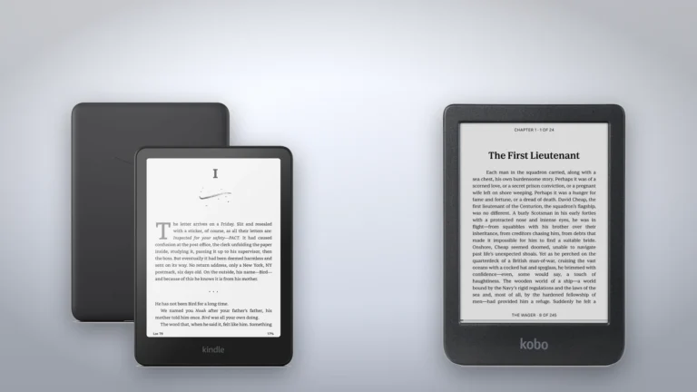 Kindle Paperwhite next to the Kobo Clara BW on a studio backdrop