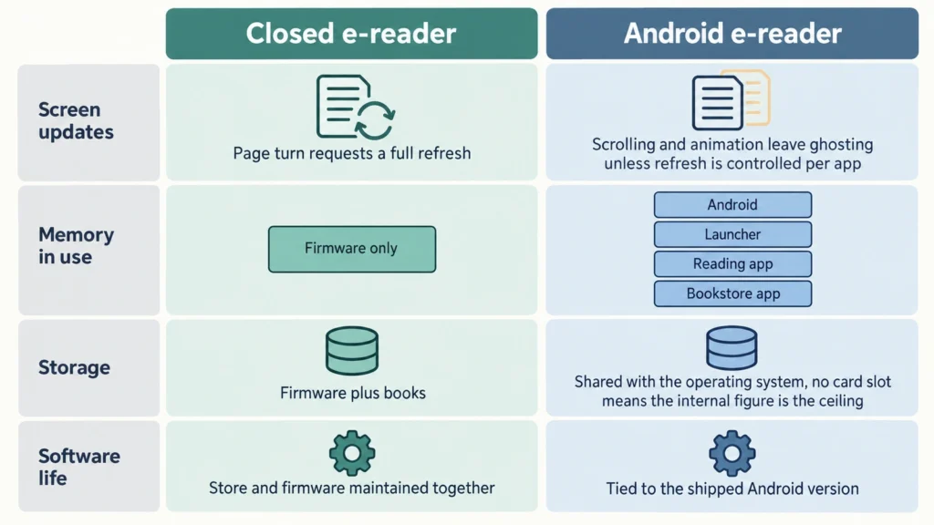 Two-column diagram comparing a closed e-reader and an Android e-reader across screen updates, memory, storage and software life