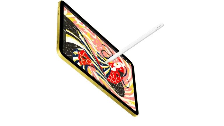 iPad 11-inch in Yellow shown at an angle with an Apple Pencil resting against the display and the Smart Connector pins visible on the side edge