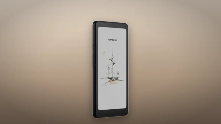 Black BOOX Palma 2 Pro at an angle, showing a muted color line drawing on its Kaleido 3 screen