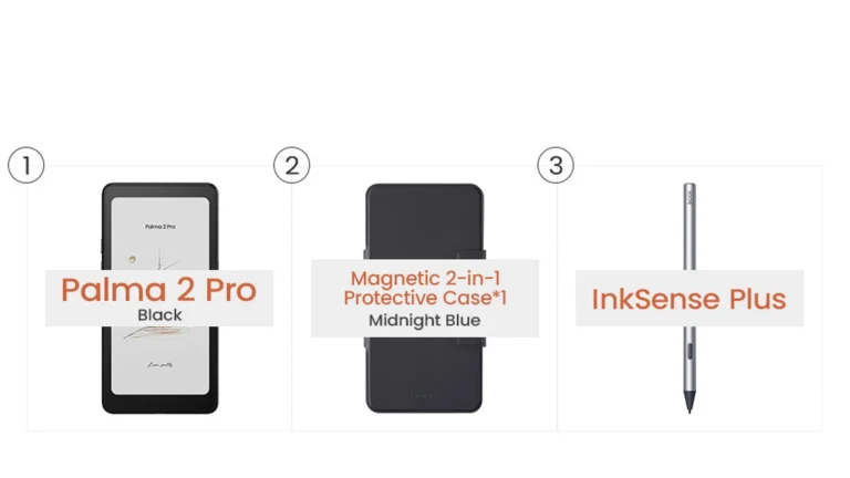 Black Palma 2 Pro beside a dark Magnetic 2-in-1 Protective Case and a silver InkSense Plus stylus, each labeled by BOOX
