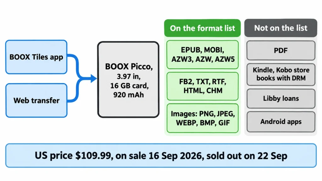 Diagram of how books reach the BOOX Picco through the Tiles app or web, with DRM-free formats accepted and PDF and store or library books excluded.