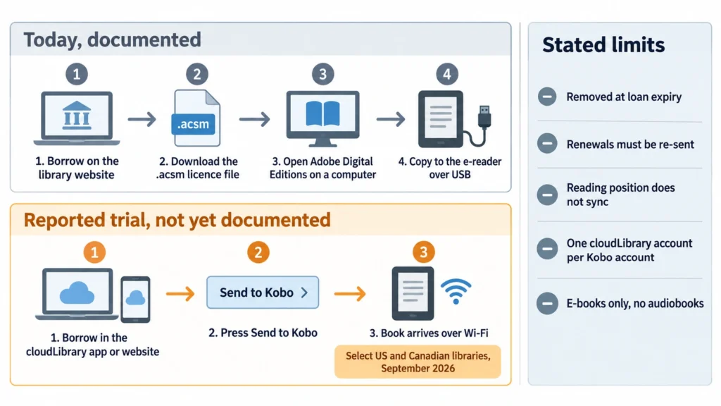 Diagram comparing the documented Adobe Digital Editions route for library books on a Kobo with the reported Send to Kobo trial and its five stated limits