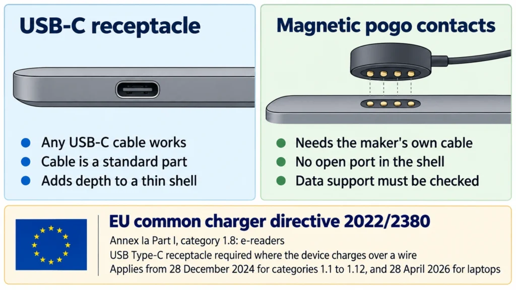 Comparison of a USB-C receptacle and magnetic pogo contacts on a small e-reader, with the EU common charger rule dates.
