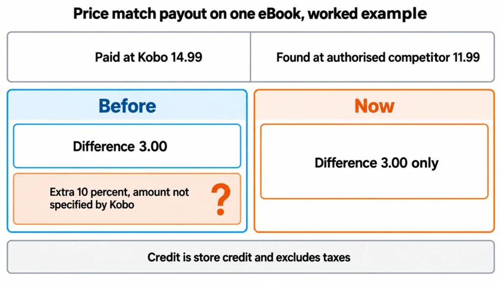 Diagram comparing the old and new Kobo price match payout on a sample eBook purchase, showing the removed 10 percent bonus.