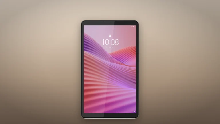 Lenovo Tab One in Luna Grey seen from the front in portrait, showing the lock screen with the time on a pink and purple wallpaper