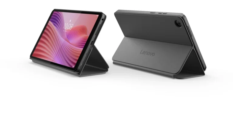 Two Lenovo Tab One tablets in the grey folio case folded into a stand, one showing the screen and one showing the back of the case with the Lenovo logo