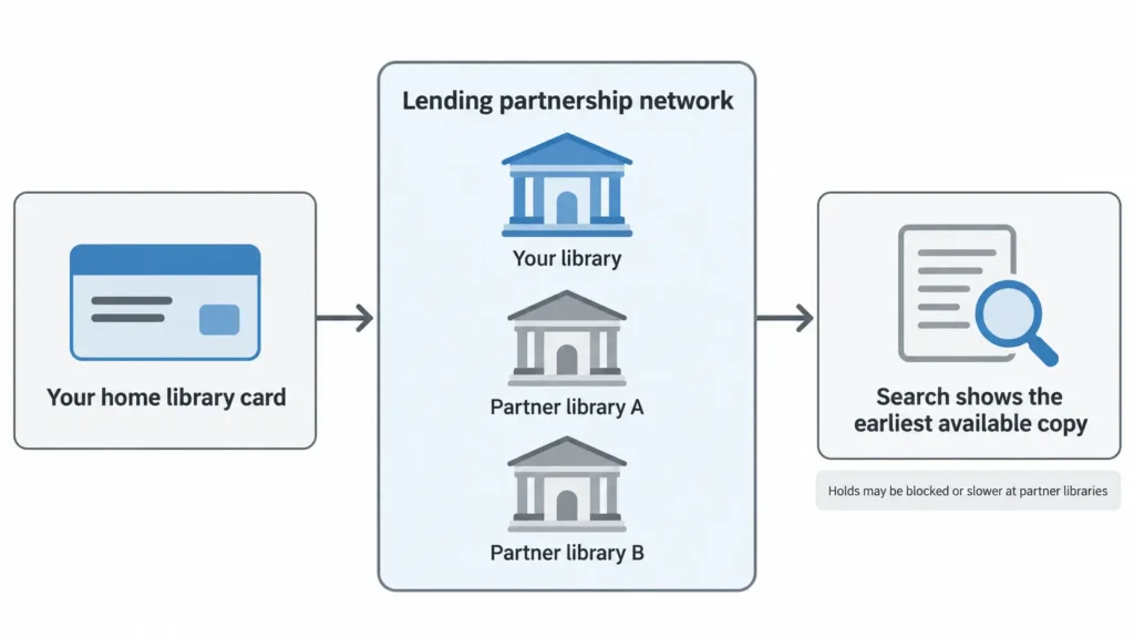 Diagram showing one home library card reaching partner library collections in Libby while search picks the earliest available copy