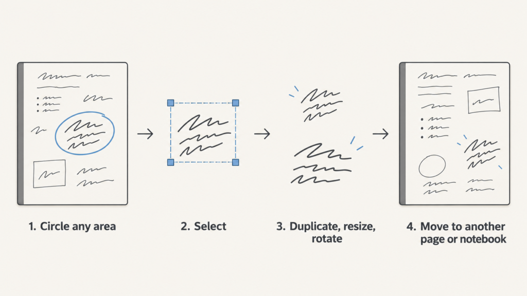 Four-step diagram showing the Capture Tool workflow, from circling an area of handwritten notes to duplicating, resizing, rotating and moving that selection into another notebook page