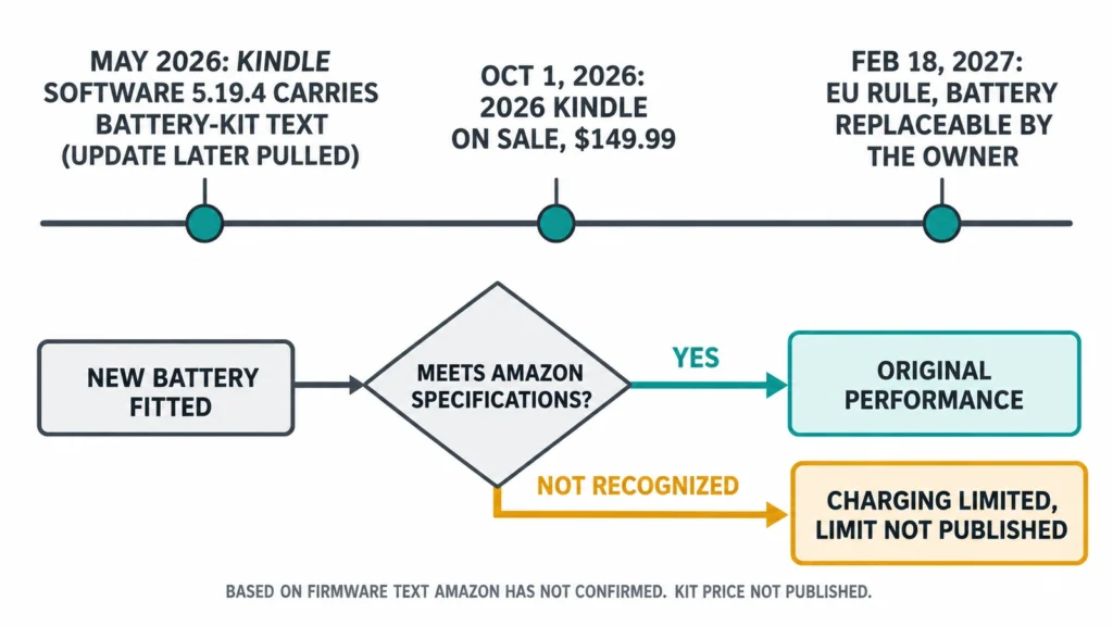 Timeline from the May 2026 Kindle firmware strings to the October 1 launch and the February 18, 2027 EU battery rule, with a flow showing how a recognized and an unrecognized battery are treated.