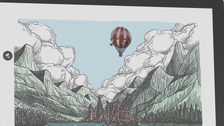 Upper part of the Kindle Scribe Colorsoft screen showing a color illustration of mountains, a lake and a red hot-air balloon, with the Graphite bezel at the top