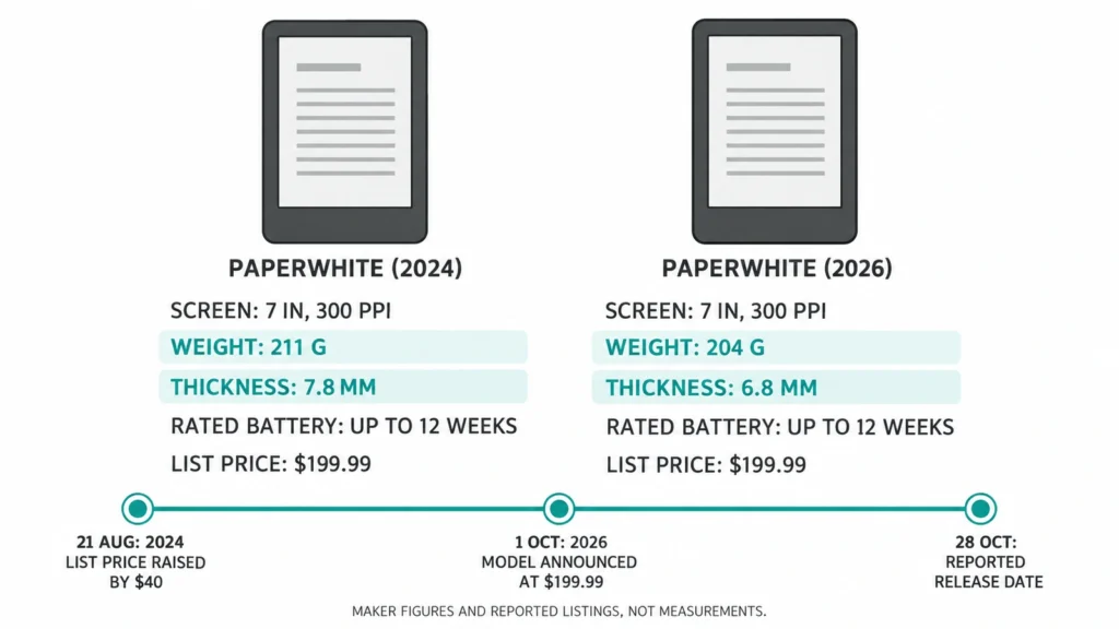 Side-by-side comparison of the 2024 and 2026 Kindle Paperwhite showing weight, thickness, screen, battery and list price, with the August price rise on a timeline
