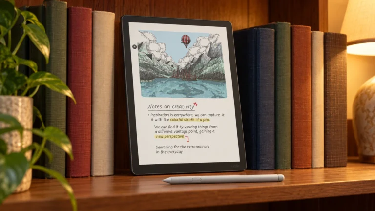 Amazon Kindle Scribe Colorsoft a kindle first, with kindle walls, manufacturer render on a generated backdrop