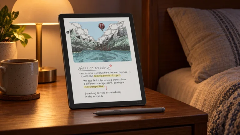 Amazon Kindle Scribe Colorsoft battery: weeks of half-hours, manufacturer render on a generated backdrop