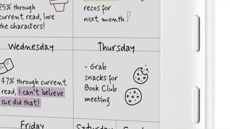 Close view of the white Kobo Libra Colour's right edge with its two page-turn buttons beside a handwritten planner on screen