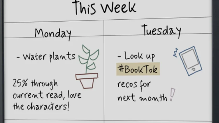 Close view of a handwritten weekly planner on the Kobo Libra Colour screen, with a highlighted BookTok note and small drawings