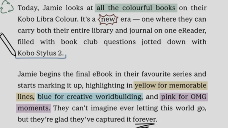 Close view of a Kobo Libra Colour page with text highlighted in green, yellow, blue and pink and a handwritten underline