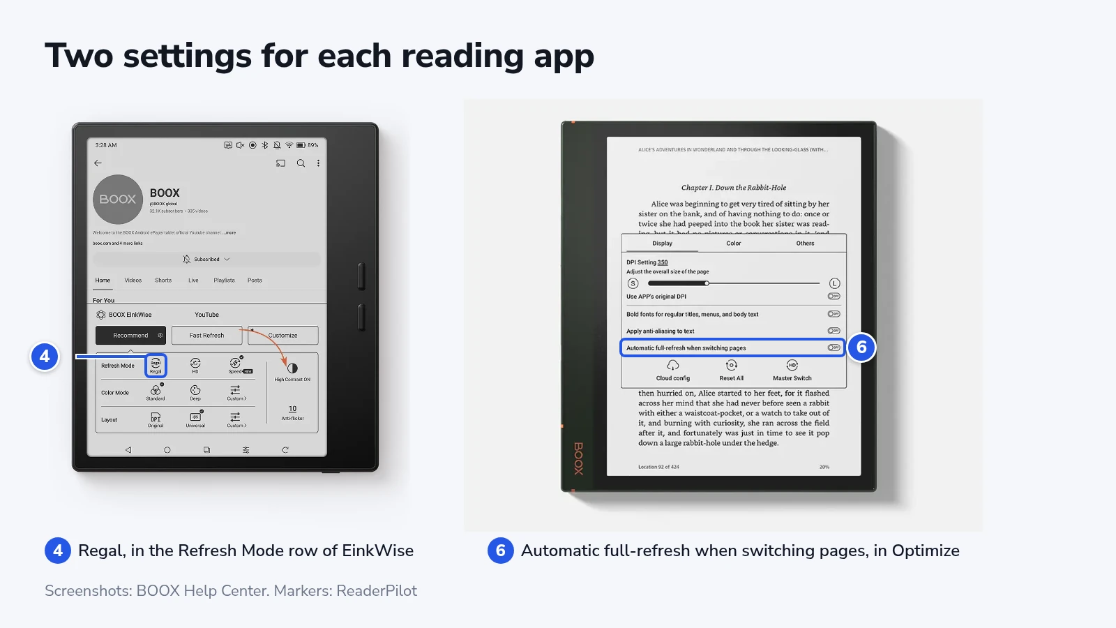 Two BOOX help center screenshots: EinkWise over an app with Regal outlined in the Refresh Mode row, and the Optimize panel with the Automatic full-refresh when switching pages switch outlined