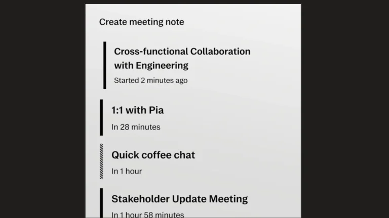 reMarkable software screen titled Create meeting note listing upcoming calendar meetings with their start times