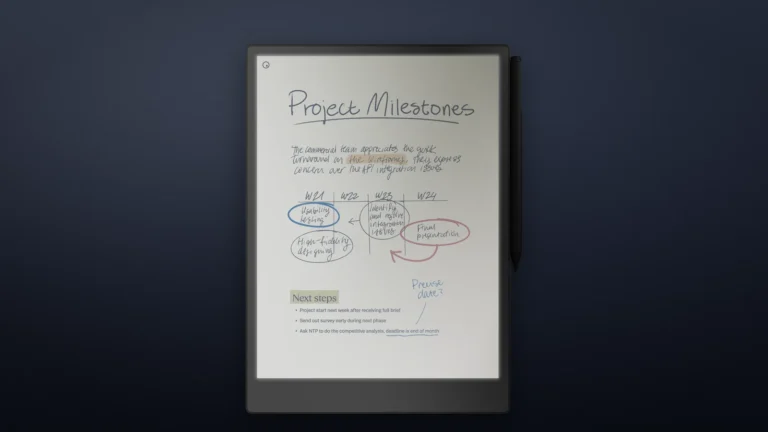 reMarkable Paper Pro front view on a dark blue backdrop with its reading light shown on in reMarkable's render