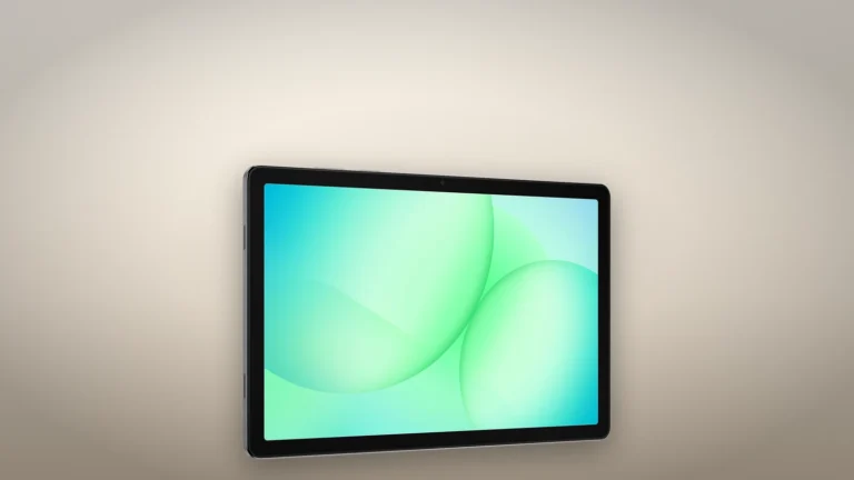 Samsung Galaxy Tab A11+ in gray, angled to the left